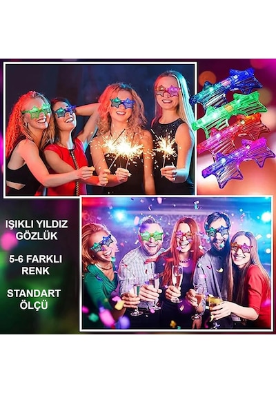 Bezos Işıklı Yıldız Gözlük Ledli Parti Gözlüğü 6 Renk 12 Adet