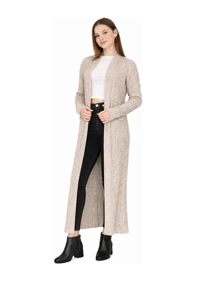 Onno Style Women Standart Beden Uzun Triko Fitilli Kadın Ceket Bej