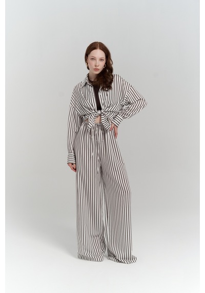 Mai Collection Mai Studios Co. Beatrix Kahve Çizgili Ekru Gömlek Pantolon Takım Kahve