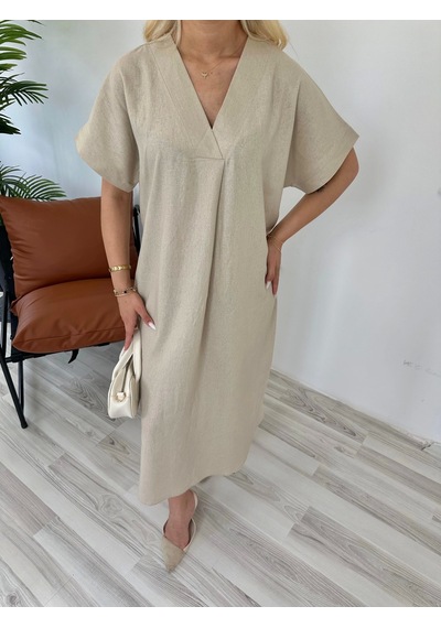 Keymoda Kadın Keten Elbise Taş Rengi Taş Rengi