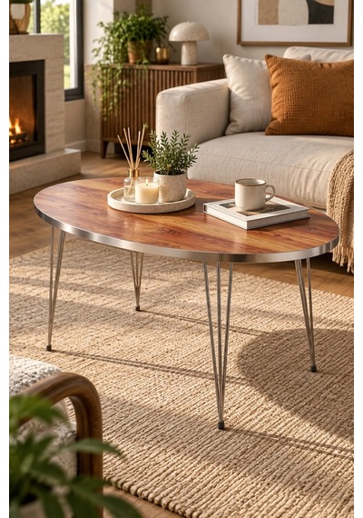 Sulorahome Ceviz Desenli Oval Orta Sehpa Gümüş Metal Ayaklı