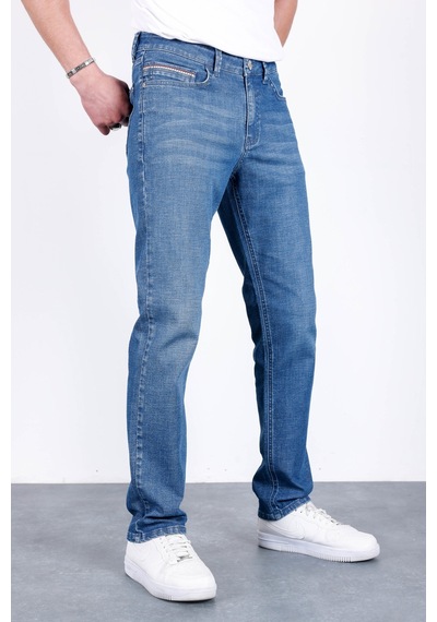 HLT Jeans Erkek Şerit Detaylı Mavi Regular Fit Boru Paça Esnek Likralı Jeans Kot Pantolon Hlthe001964 Beyaz - Mavi