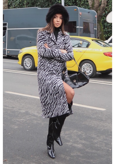 Zebra Desenli Kaşe Kaban 7124 Gri