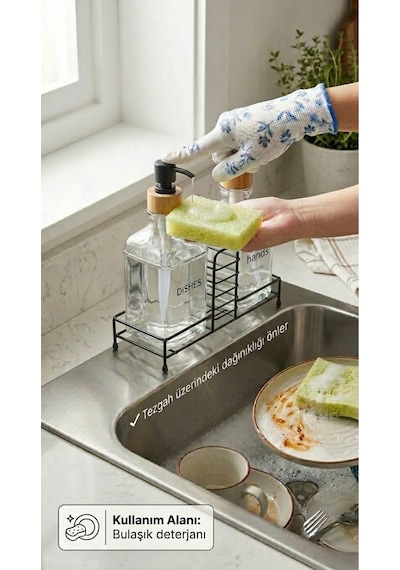 Makri Home Stantlı Bambu Kapaklı İkili Cam Sıvı Sabunluk & Deterjanlık Seti 2 500 Ml, 22,5 8,5 24 Cm Şeffaf