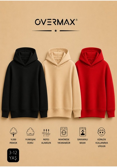 Overmax Çocuk 3'lü Sweatshirt Takımı 3-12 Yaş Siyah-bej-kırmızı - 917542430 Siyah-bej-kırmızı