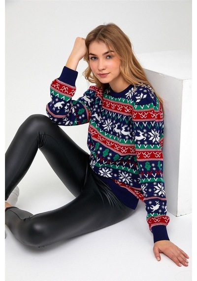 Tarz Cool Lacivert-kırmızı Kadın Christmas Yılbaşı Kazağı-kdncrs001r03s Lacivert-kırmızı