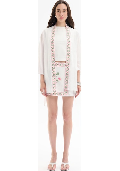 Quzu 25yckt00599 Kadın Nakış Detaylı Kimono Ceket Ekru
