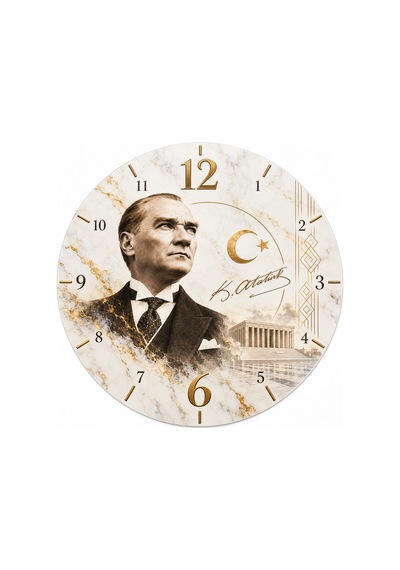 Atatürk Temalı 45 Cm Ahşap Sessiz Akar Mekanizmalı Uv Baskılı Dekoratif Duvar Saati Hediyelik 1101 Çok Renkli