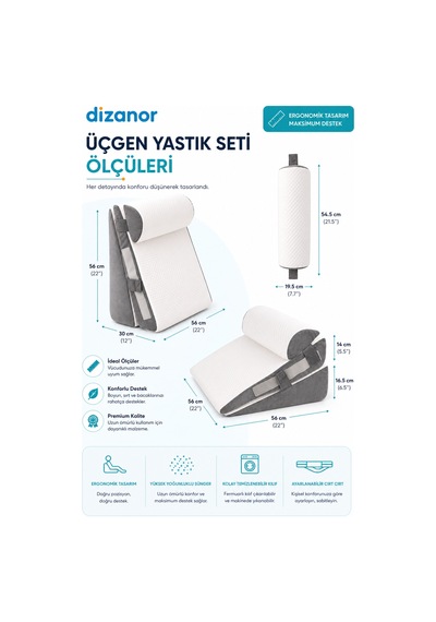 Ortopedik Üçgen Yastık Seti 3 Parça Sırt Bel Boyun Destek Minderi Ayarlanabilir Yıkanabilir Kılıflı Beyaz