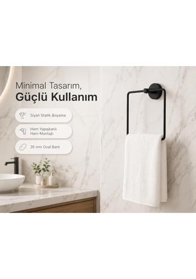 Lotus Siyah Kare Havluluk, Yapışkanlı Ve Vidalı Montajlı Banyo Havlu Askısı, Mat Siyah Statik Boyama, 35 Mm Oval Bantlı Duvar Havluluk, Metal Diğer
