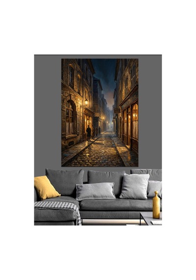 Gece Yarısı Dar Şehir Sokağı Yağlı Boya Dokulu Kanvas Tablo Canvas Tablosu