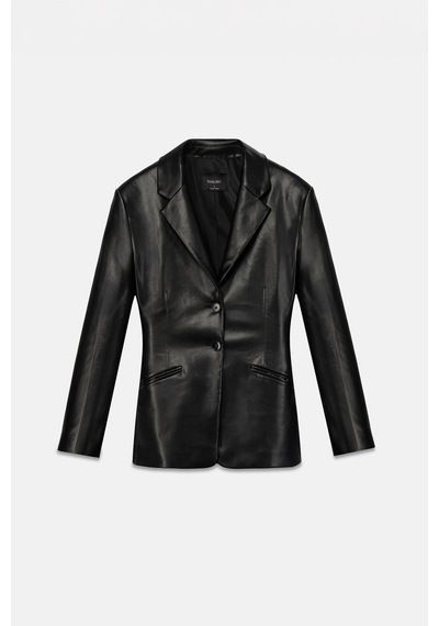 Thalure Kadın Siyah Bele Oturan Deri Blazer Ceket