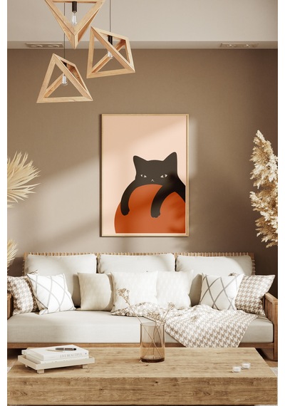 Siyah Kedi Eğlenceli Dekoratif Tasarım Poster Tablo Ahşap Çerçeveli