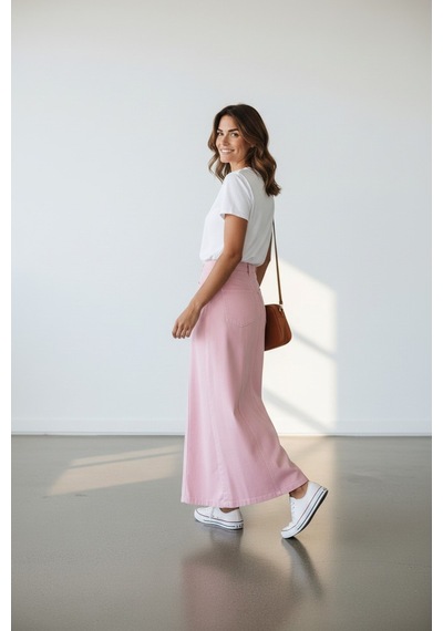 Vellichor Parçalı Uzun Denim Etek - Pembe Çok Renkli