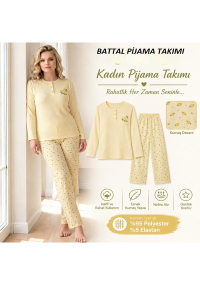 Boyraz Lindros Kadın Düğme Yaka Raporlu İnterlok Kışlık Battal Pijama Takımı 02717 - 1 Adet Sarı