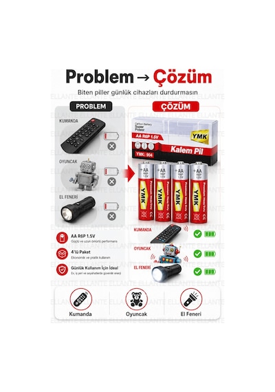 Ymk Aa R6p 1.5v Karbon Kalem Pil 4'lü Paket Kumanda, Saat, Oyuncak Ve El Feneri İçin Ekonomik Pil