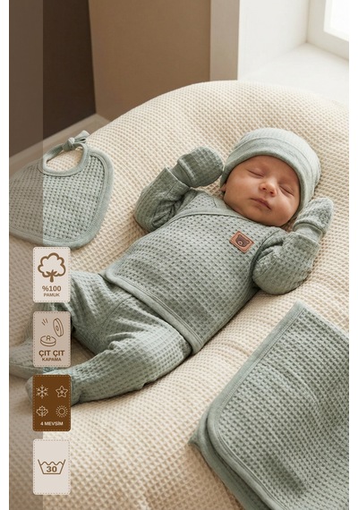 Minory Baby - %100 Pamuk 7'li Hastane Çıkışı Seti Yenidoğan 7'li Set Waffle Kumaş Yeşil Yeşil