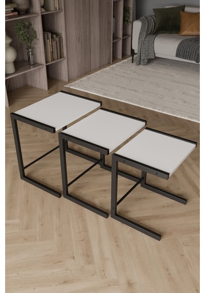 Bronte 3 Lü Zigon Sehpa, Metal Zigon Sehpa Beyaz