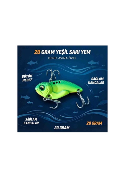 20 Gram Avcı Kaşık Yeşil Sarı Canlı Balık Görünümlü Renkli Çift Üçlü Kancalı At Çek Balık Avı