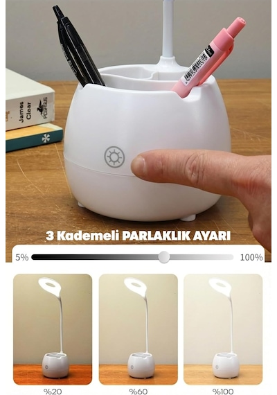 Şarjlı Masa Lambası Işık Ayarlanabilir Kalemlik Telefon Stand Ders Çalışma Okuma Işığı 0620 Beyaz Diğer
