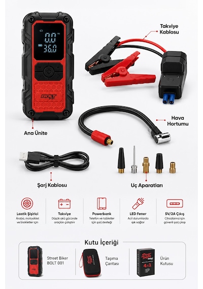 Bolt 001 Taşıma Çantalı 4' Ü 1 Arada Akü Takviye Cihazı Şarjlı Lastik Şişirme Powerbank Led Işık