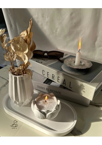 Geometrik Desenli Vazo Ve Lotus Çiçek İnci Tozlu Mumluk 2 Set