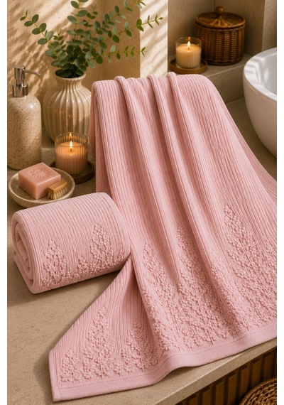 Çiçek Desenli 2 Li Banyo Havlu Seti 50 90 Baş Havlusu + 90 150 Banyo Havlusu - Pembe