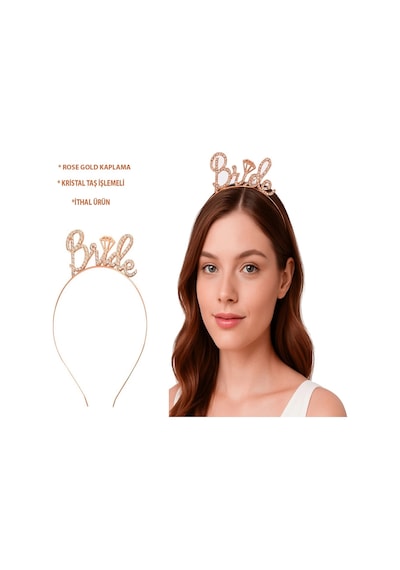 Rose Gold Renkli Taşlı Bride Gelin Tacı El Yazısı Yazı Tipiyle Çok Renkli