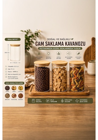 Porsima 2-3 Bambu Vakumlu Kapaklı Yuvarlak Borosilikat Cam 3lü Kavanoz Seti Saklama Kabı 1300ml 10x20cm