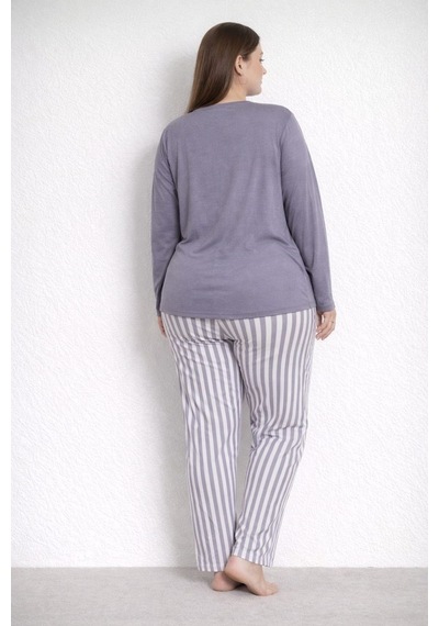 Pemilo Kadın 20155 Büyük Beden Uzun Kol Milan Pijama Takımı Füme