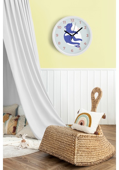 Sevimli Kediler - İkiz Çocuk Odası Duvar Saati - 35cm - Önü Camlı Beyaz Kasa - Sessiz Mekanizma Beyaz