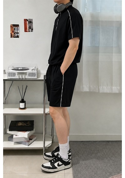 Cool Tarz Erkek Yarım Fermuarlı Şerit Detaylı Şort Takım Regular Fit 2 İplik Şardonsuz Siyah Siyah