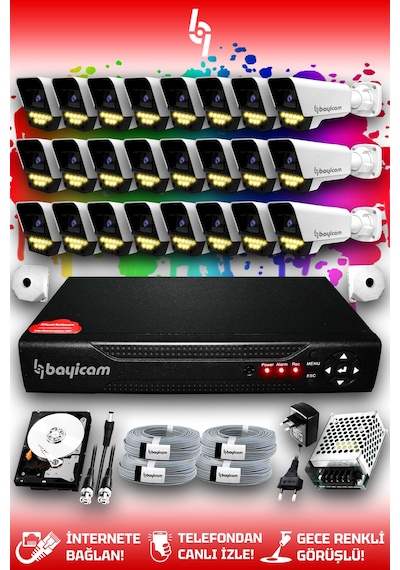 Bayicam 24 Kameralı Süper 24 Dış Kamera Set 2 TB 5 MP 2K Renkli Gece Görüşlü Güvenlik Kamerası Sistemi