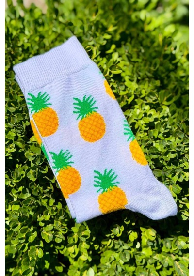 Lousocks Unisex Ananas Desenli Beyaz Soket Çorap
