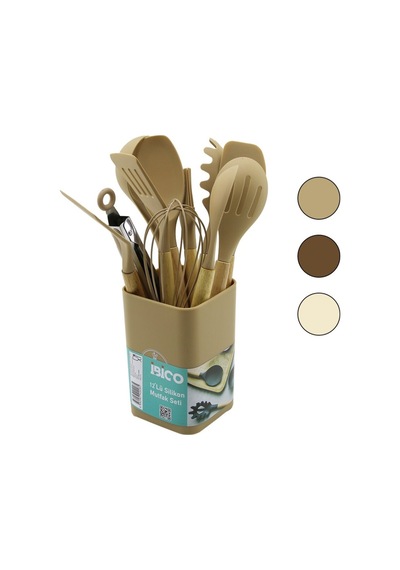 11pcs+kova Silikon Mutfak Seti Bambu Sap 3-kaşık- 3-spatula- 1-kevgir- 1-kepçe- 1-maşa- 1-çrpc- 1-frç Go-53-vice 01630 Çok renkli