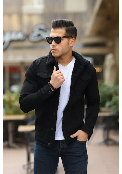 E-fendi Erkek Kürklü Denim Kot Mont Kışlık Sıcak Ve Şık Dış Giyim Siyah - Siyah