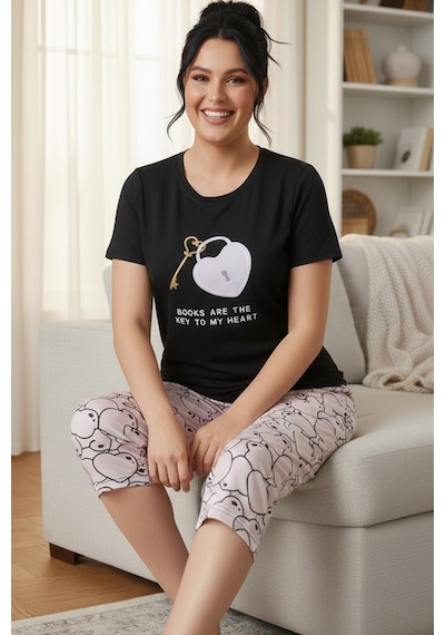 Siyah İnci Desenli Pamuklu Büyük Beden Battal Boy Örme Kapri Pijama Takım 26112826 Siyah Siyah İnci Desenli Pamuklu Büyük Beden Battal Boy Örme Kapri Pijama Takım 26112826 Siyah