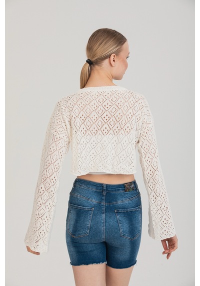 Maximodena Feminen Ajurlu Dokulu Beyaz Crop Bluz Standart Beden - Beyaz
