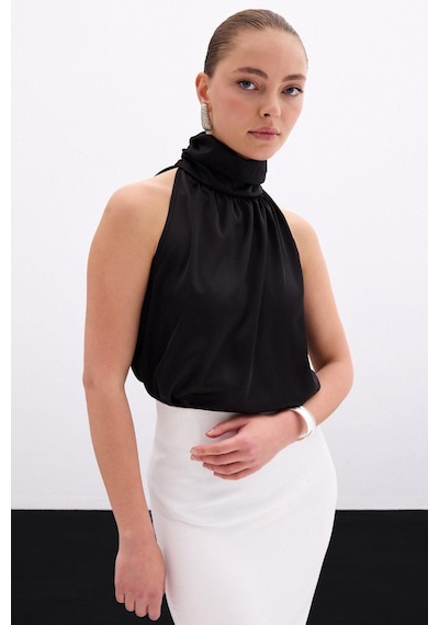 Sateen Boğazlı Kolsuz Bluz - Düz Siyah Düz Siyah