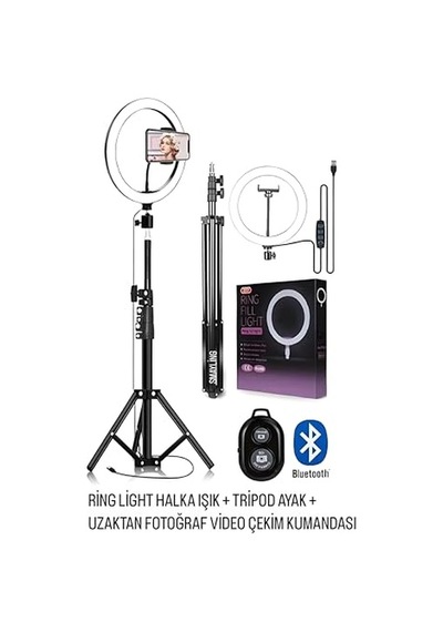 Ring Light 26cm Halka Işık + Tripod Ayak Bluetooth Uzaktan Kumandalı 3 Işık Modu & 10 Parlaklık Seviyesi