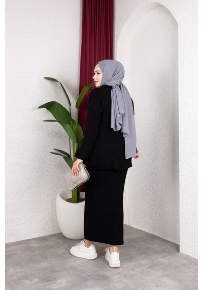 Hira Life Fashion Kadın Bel Lastikli Kolu Katlı Ve Kalem Etek İle Tunik Triko İkili Alt-üst Takım Siyah Siyah Hira Life Fashion Kadın Bel Lastikli Kolu Katlı Ve Kalem Etek İle Tunik Triko İkili Alt-üst Takım Siyah Siyah