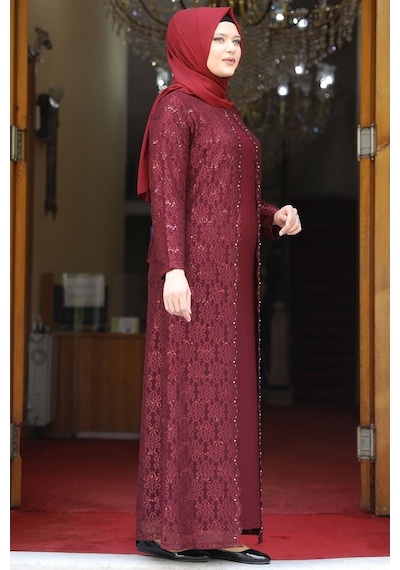 Amine Hüma Papatya Tesettür Abiye Elbise Bordo