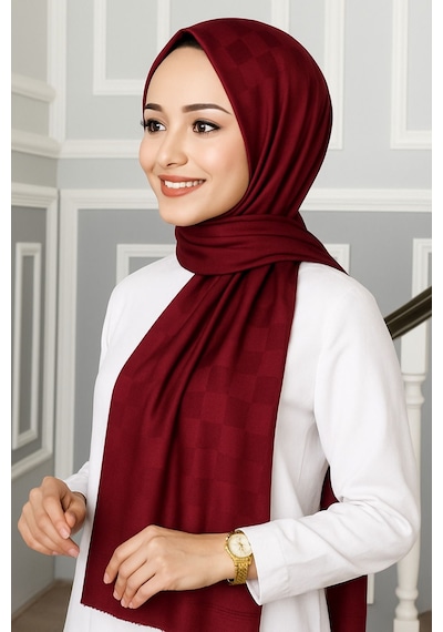 Mim Eşarp Emproyal Silver Jakar Dama Desenli Şal 75x190 Cm Bordo