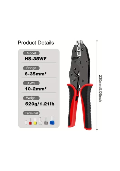 Hs-35wf 6 35 Mm² Awg 10-2 Kablo Ucu Bağlantı Elemanları Cırcırlı Sıkma Pensesi