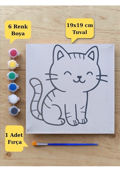 Sevimli Kedi Baskılı Tuval Boyama Aktivite Seti 19x19 Cm Tuval, Fırça Ve 6 Renk Akrilik Boya Seti