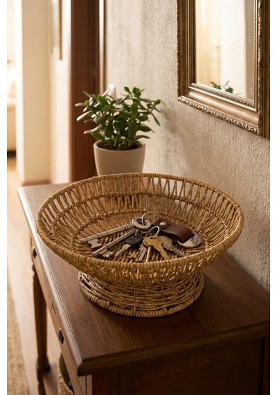 28 Cm Plastik Rattan Servis Çanağı, Doğal Hasır Görünümlü, Yuvarlak, İç İçe Geçebilen, 3 Parça Set Diğer