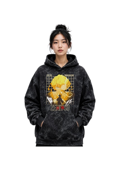 Sevbano Zenitsu Agatsuma Anime Baskılı Unisex Oversize Yıkamalı Premium H Siyah