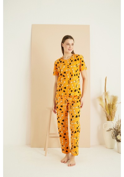 Siyah İnci Bisiklet Yaka Örme Pijama Takım25103190 Turuncu