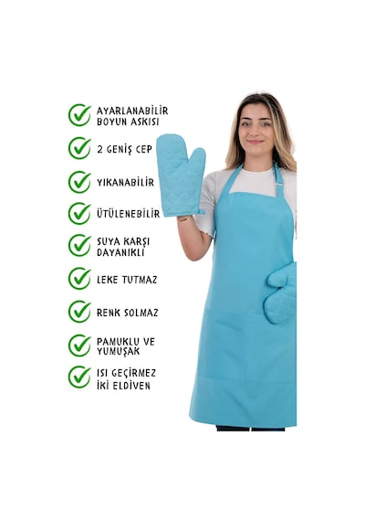 Simple 3lü Set Ayar Askılı Cepli Mutfak Önlüğü Seti 2 Eldiven Şef Garson Kafe Aşçı Barista Açık Mavi