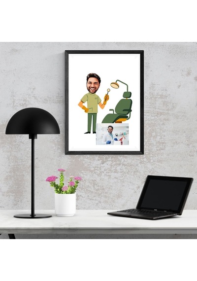 Kişiye Özel Diş Hekimi Karikatürlü Duvar Tablosu Yapışkanlı Sök Tak Çerçeveli 20x30cm - Dişçi Ve Diş Hekimliğine Hediye